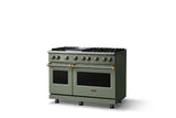48"W. Sealed Burner Gas Range (Burner: 6g, Finish: Eucalyptus, Trim: Brushed Brass, Fuel: Propane)