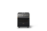 30"W. Open Burner Gas Range (Finish: Onyx, Trim: Brushed Brass, Fuel: Propane)