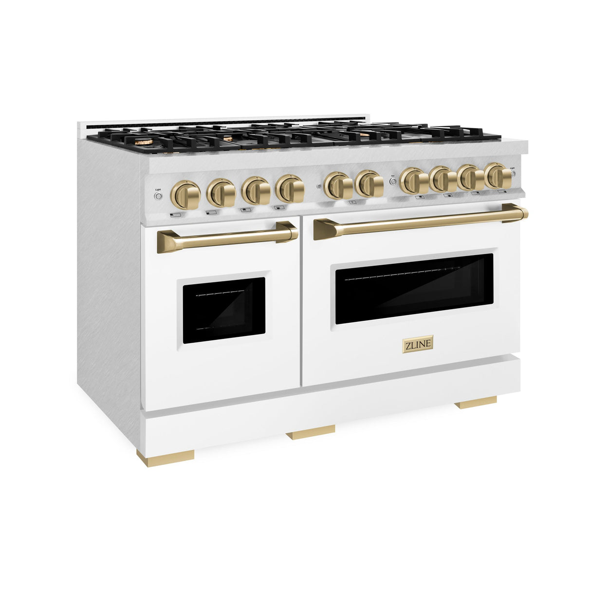 ZLINE Autograph Edition 48 in. 6.7 cu. ft. Classic Double Oven Dual Fuel Range with 8 Burner Gas Cooktop in DuraSnow' Stainless Steel with Black Matte Doors and Champagne Bronze Accents (CDRSZ-BLM-48-CB)