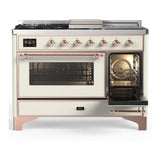 ILVE UM48FSNR3AWPLP Majestic III 48 inch Dual Fuel Range with 5 Black Brass Burners, Griddle and French Top, Dual Function Burner up to 25,000 BTU (Liquid Propane, Triple Glass Door, Antique White, Copper)