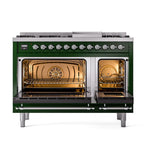 ILVE UN48FNMPEGC Nostalgie II Noblesse 48 inch Dual Fuel Range (8 Sealed Burners + Griddle, Natural Gas, Triple Glass Door, Emerald Green, Chrome)