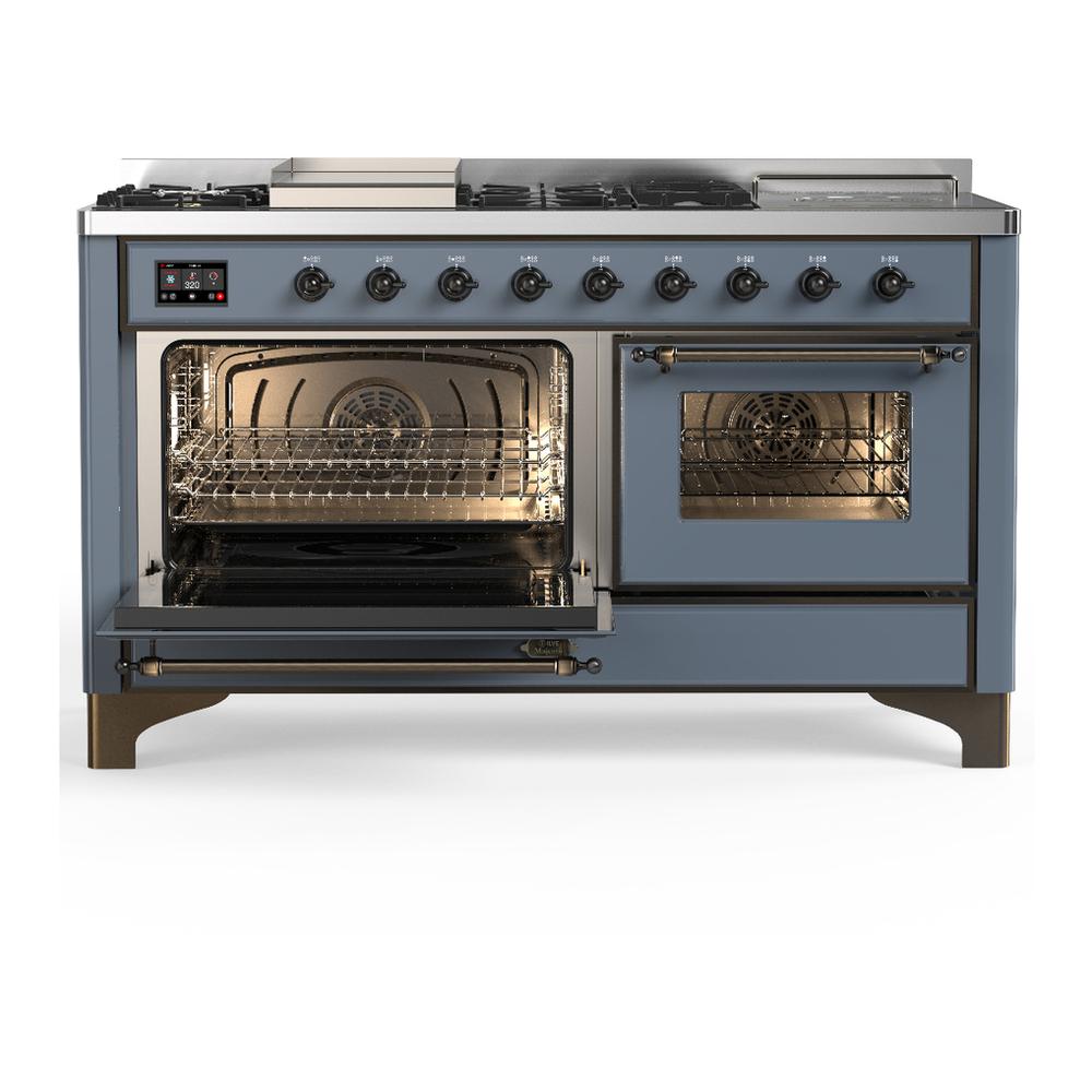 ILVE UM60FSNR3BGB Majestic III 60 inch Dual Fuel Range with 7 Burners, Griddle and French Top, Dual Function Burner with up to 25,000 BTU (Natural Gas, Triple Glass Door, Blue Grey, Burnished)