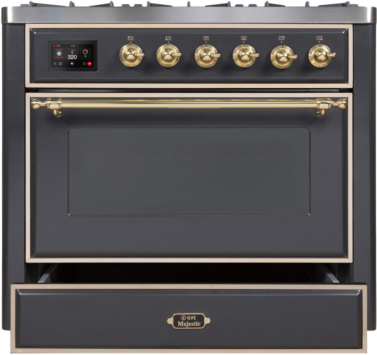 36" Majestic II Series Freestanding Dual Fuel Single Oven Range with 6 Sealed Burners, Triple Glass Cool Door, Convection Oven, TFT Oven Control Display and Child Lock in Matte Graphite
