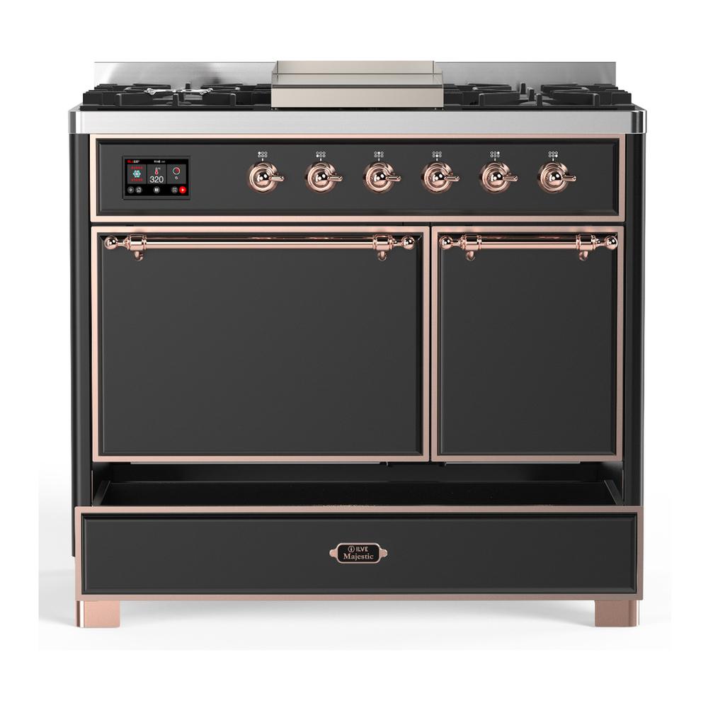 ILVE UMD40FQNR3MGPLP Majestic III 40 inch Dual Fuel Range with 6 Burners and Griddle, Dual Function Burner up to 25,000 BTU (Liquid Propane, Solid Door, Graphite Matte, Copper)