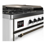 ILVE UM48FSQNR3WHBLP Majestic III 48 inch Dual Fuel Range with 5 Black Brass Burners, Griddle and French Top, Dual Function Burner up to 25,000 BTU (Liquid Propane, Solid Door, White, Burnished)