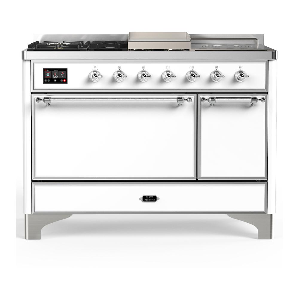 ILVE UM48FSQNR3WHC Majestic III 48 inch Dual Fuel Range with 5 Black Brass Burners, Griddle and French Top, Dual Function Burner up to 25,000 BTU (Natural Gas, Solid Door, White, Chrome)