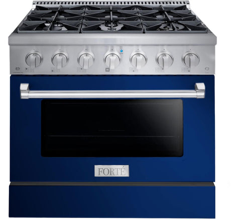 FGR366BBL42 36" All Gas Freestanding Range in Blue with Brass Knob Kit Set and Black Bezel Kit Set