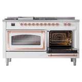 ILVE UN60FSNMPWHP Nostalgie II Noblesse 60 inch Dual Fuel Range (7 Sealed Burners + Griddle + French Top, Natural Gas, Triple Glass Door, White, Copper)