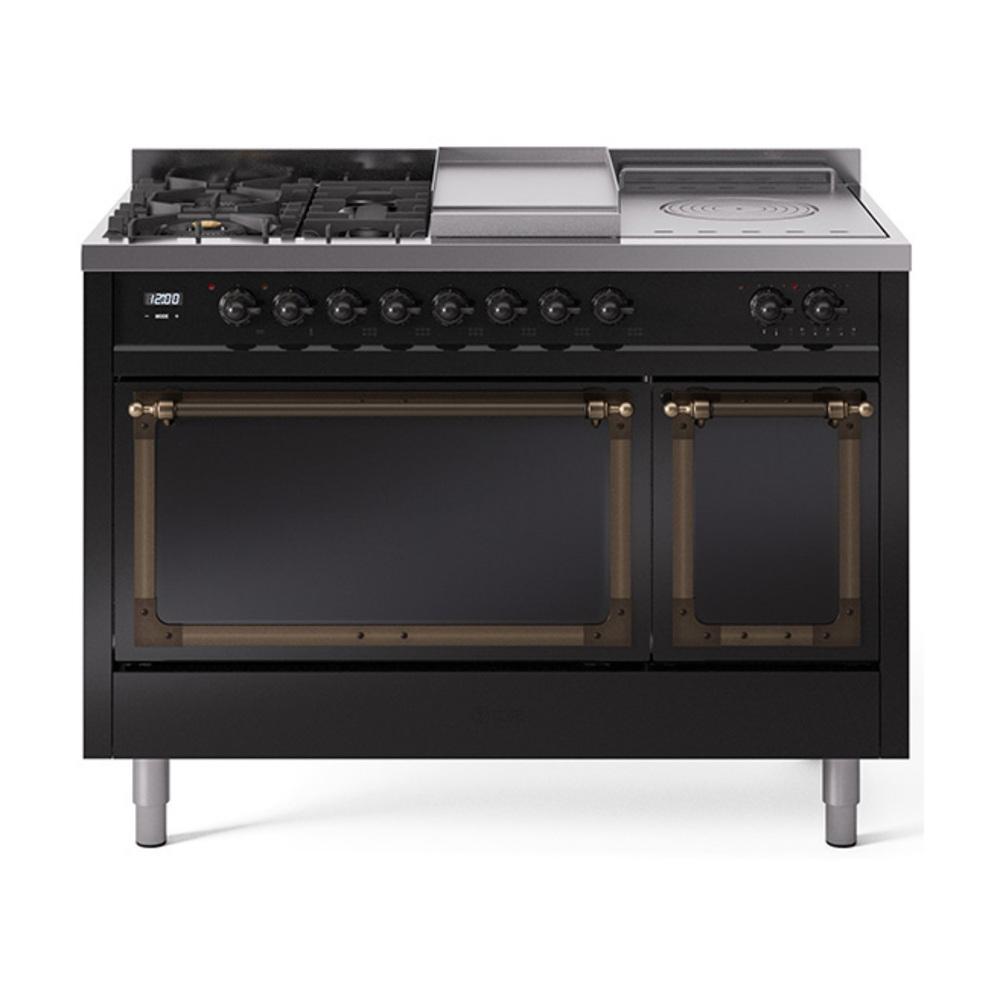 ILVE UN48FSQNMPBKB Nostalgie II Noblesse 48 inch Dual Fuel Range (5 Sealed Burners + Griddle + French Top, Natural Gas, Solid Door, Glossy Black, Burnished)