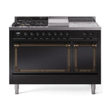 ILVE UN48FSQNMPBKB Nostalgie II Noblesse 48 inch Dual Fuel Range (5 Sealed Burners + Griddle + French Top, Natural Gas, Solid Door, Glossy Black, Burnished)