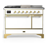 ILVE UM48FSQNR3WHG Majestic III 48 inch Dual Fuel Range with 5 Black Brass Burners, Griddle and French Top, Dual Function Burner up to 25,000 BTU (Natural Gas, Solid Door, White, Brass)