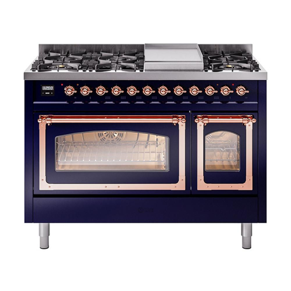 ILVE UN48FNMPMBPLP Nostalgie II Noblesse 48 inch Dual Fuel Range (8 Sealed Burners + Griddle, Liquid Propane, Triple Glass Door, Midnight Blue, Copper)