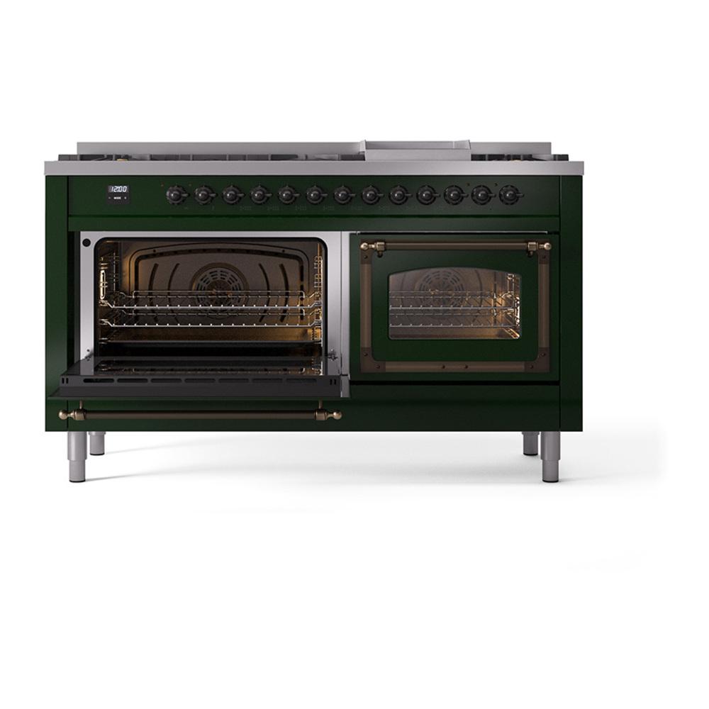 ILVE UN60FNMPEGBLP Nostalgie II Noblesse 60 inch Dual Fuel Range (9 Sealed Burners + Griddle, Liquid Propane, Triple Glass Door, Emerald Green, Burnished)