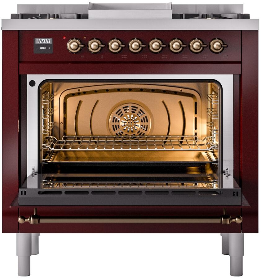 Nostalgie II 36 Inch Dual Fuel Natural Gas Freestanding Range in Burgundy with Bronze Trim