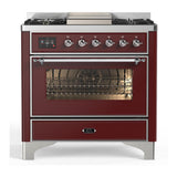 ILVE UM36FNR3BUC Majestic III 36 inch Dual Fuel Range with 6 Black Brass Burners and Griddle, Dual Function Burner up to 25,000 BTU (Triple Glass Door, Burgundy, Chrome, Natural Gas)