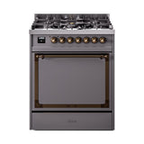 ILVE UN30QNMPMGB Nostalgie II Noblesse 30 inch Dual Fuel Range (Natural Gas, Solid Door, Graphite Matte, Burnished)
