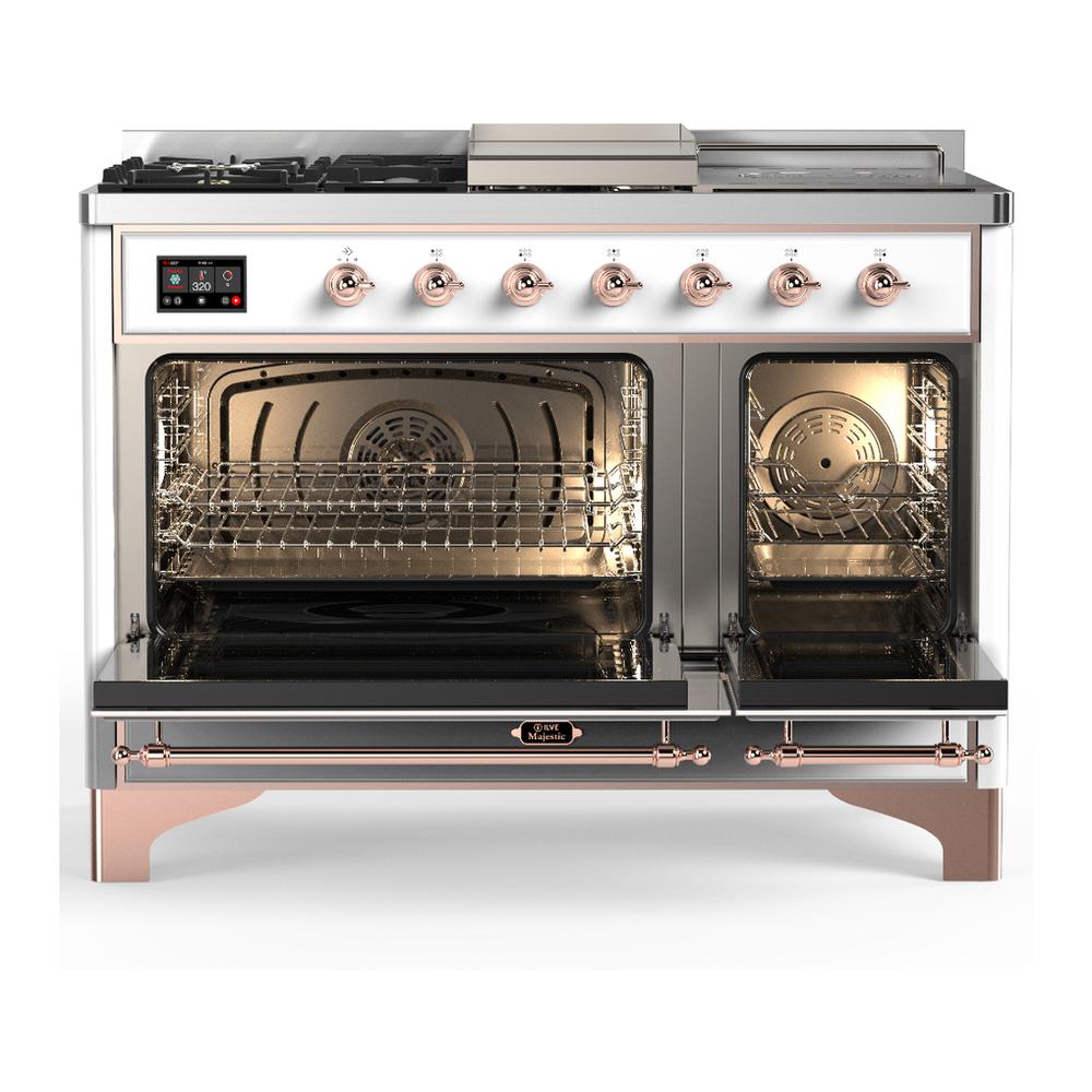 ILVE UM48FSNR3WHP Majestic III 48 inch Dual Fuel Range with 5 Black Brass Burners, Griddle and French Top, Dual Function Burner up to 25,000 BTU (Natural Gas, Triple Glass Door, White, Copper)