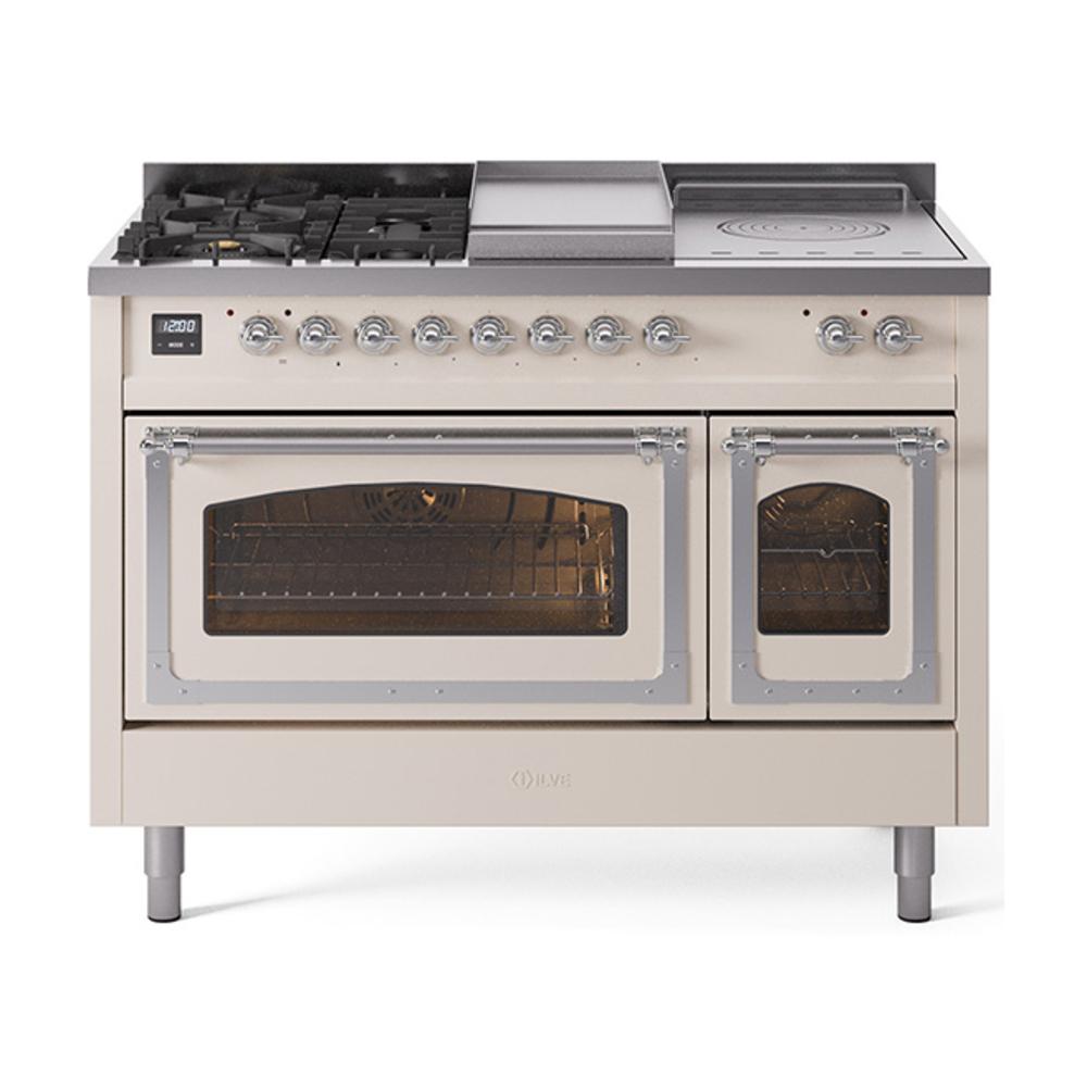 ILVE UN48FSNMPAWC Nostalgie II Noblesse 48 inch Dual Fuel Range (5 Sealed Burners + Griddle + French Top, Natural Gas, Triple Glass Door, Antique White, Chrome)
