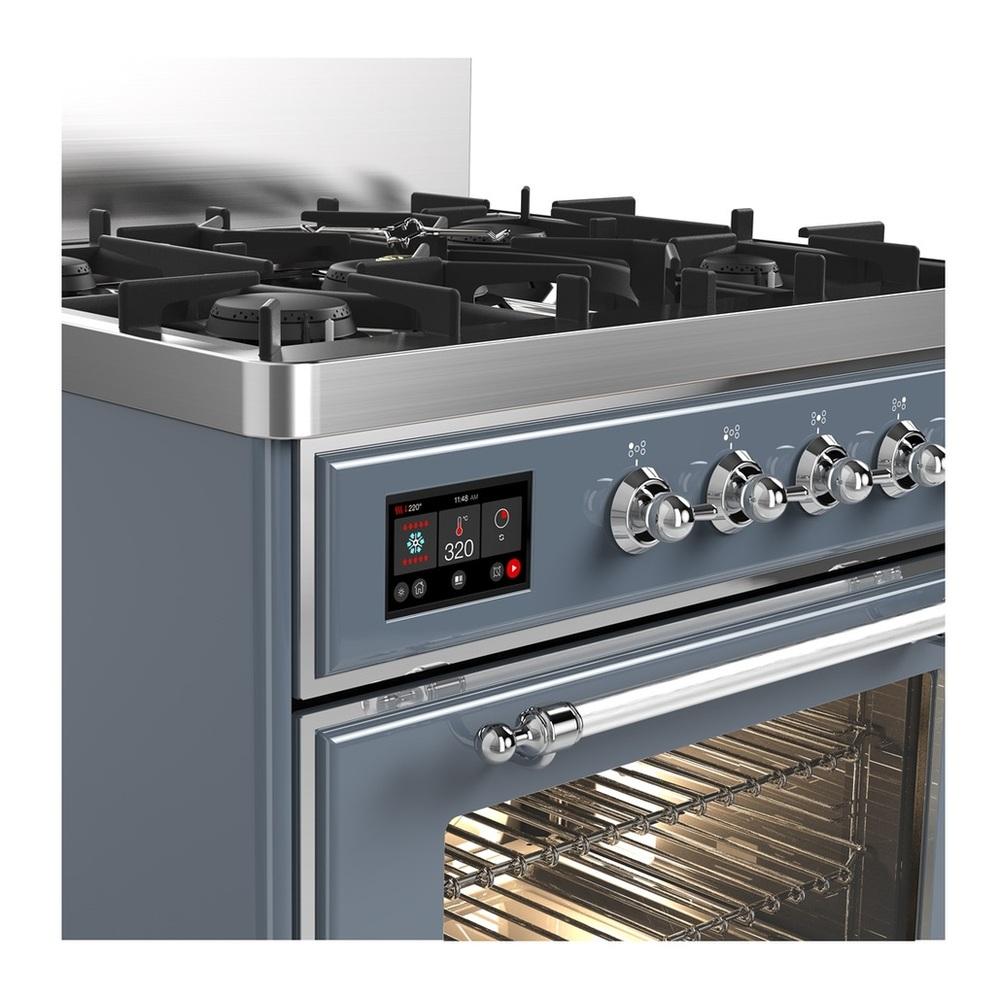ILVE UM30NR3BGCLP Majestic III 30 inch Dual Fuel Range with 5 Black Brass Burners, Dual Function Burner up to 25,000 BTU (Liquid Propane, Triple Glass Door, Blue Grey, Chrome)