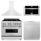 ZLINE 36" Kitchen Package with Stainless Steel Dual Fuel Range, Range Hood, Microwave Drawer and Dishwasher