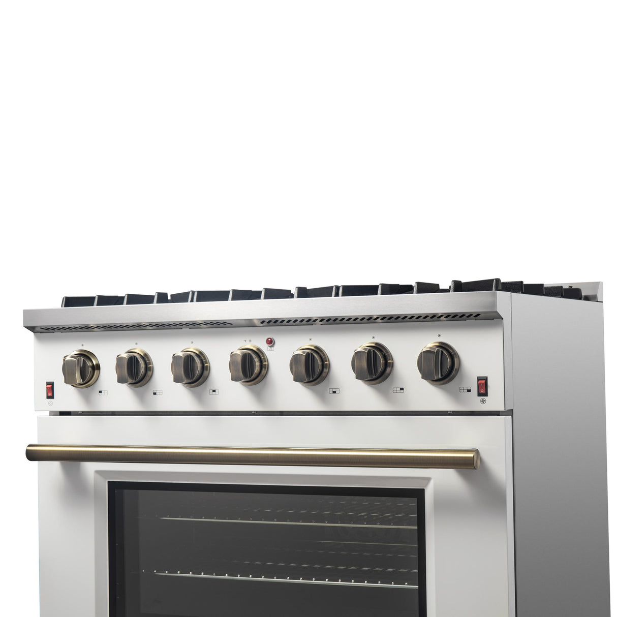 Forno Galiano 36-inch Freestanding Gas Range in White with Antique Brass Design, 6 Burners, 83,000 BTU, 5.36 cu.ft. Convection Oven