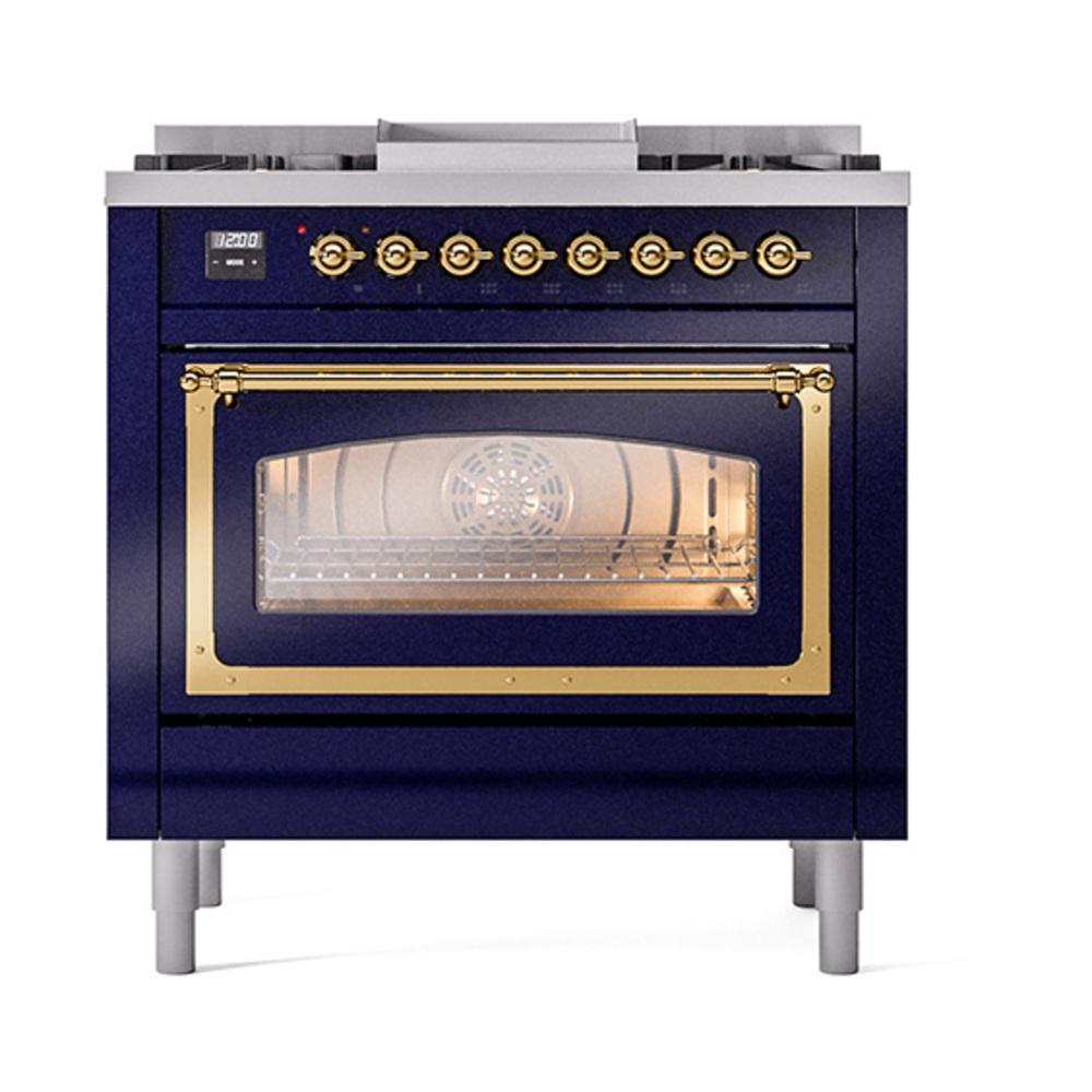 ILVE UN36FNMPMBGLP Nostalgie II Noblesse 36 inch Dual Fuel Range (Liquid Propane, Triple Glass Door, Midnight Blue, Brass)