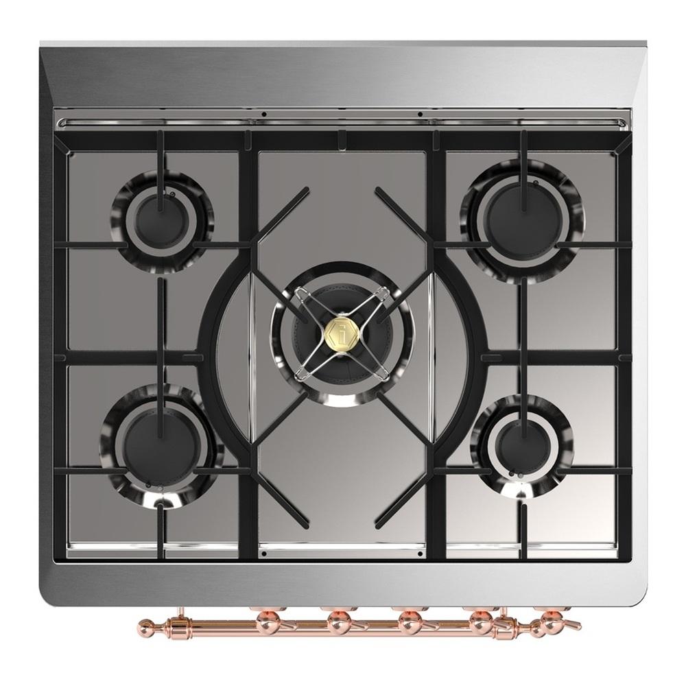 ILVE UM30QNR3BKP Majestic III 30 inch Dual Fuel Range with 5 Black Brass Burners, Dual Function Burner up to 25,000 BTU (Natural Gas, Solid Door, Glossy Black, Copper)