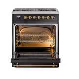 ILVE UN30NMPBKG Nostalgie II Noblesse 30 inch Dual Fuel Range (Natural Gas, Triple Glass Door, Glossy Black, Brass)