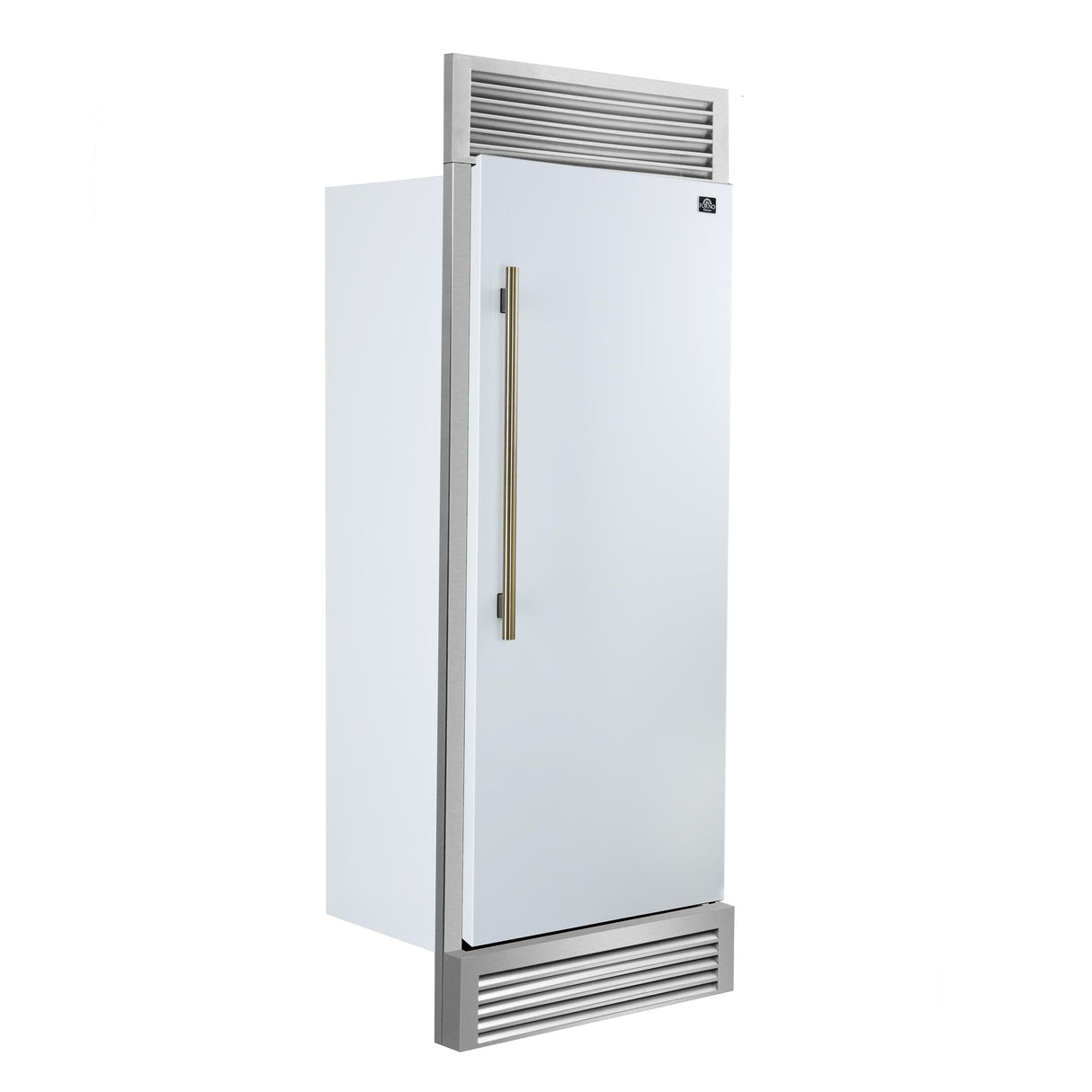 Forno Maderno 28-Inch Built-In Convertible Refrigerator in White with Antique Brass Handle, 13.6 cu.ft. Right Swing with Decorative Trim - 32-Inch Wide