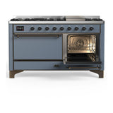 ILVE UM60FQNR3BGBLP Majestic III 60 inch Dual Fuel Range with 9 Burners and Griddle, Dual Function Burner up to 25,000 BTU (Liquid Propane, Solid Door, Blue Grey, Burnished)