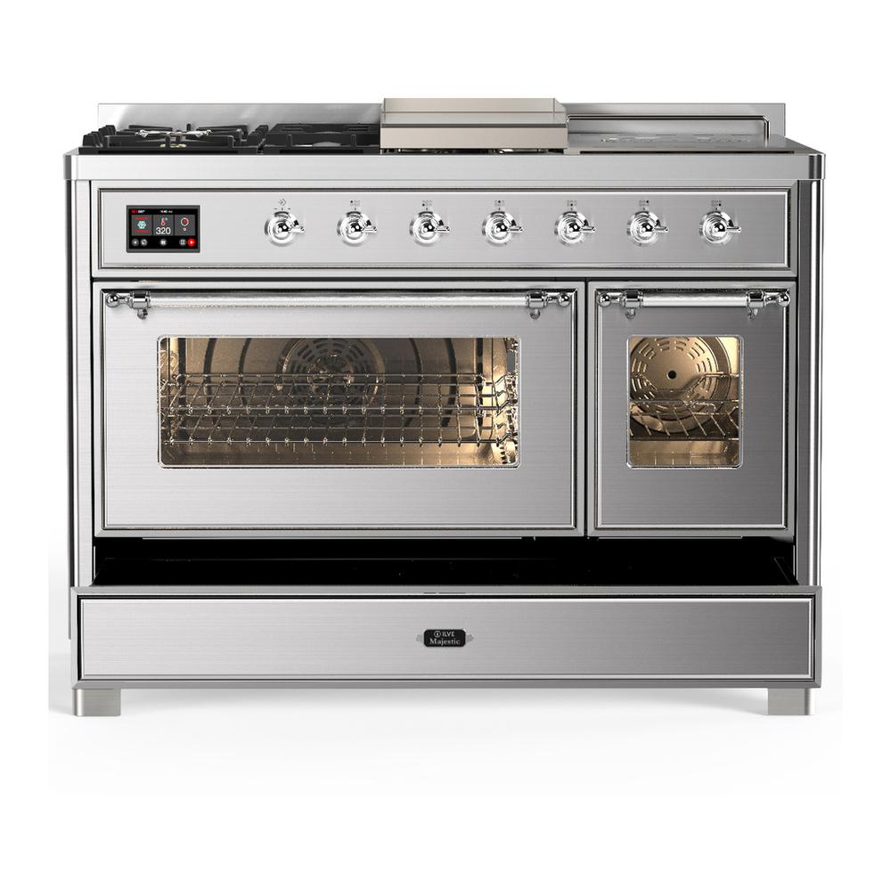 ILVE UM48FSNR3SSCLP Majestic III 48 inch Dual Fuel Range with 5 Black Brass Burners, Griddle and French Top, Dual Function Burner up to 25,000 BTU (Liquid Propane, Triple Glass Door, Stainless Steel, Chrome)