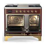 ILVE UMD40FNR3BUGLP Majestic III 40 inch Dual Fuel Range with 6 Burners and Griddle, Dual Function Burner up to 25,000 BTU (Liquid Propane, Triple Glass Door, Burgundy, Brass)