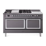 ILVE UN60FSQNMPMGC Nostalgie II Noblesse 60 inch Dual Fuel Range (7 Sealed Burners + Griddle + French Top, Natural Gas, Solid Door, Graphite Matte, Chrome)