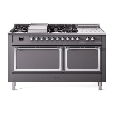 ILVE UN60FSQNMPMGC Nostalgie II Noblesse 60 inch Dual Fuel Range (7 Sealed Burners + Griddle + French Top, Natural Gas, Solid Door, Graphite Matte, Chrome)