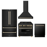 ZLINE 36" Autograph Edition Kitchen Package with Black Stainless Steel Dual Fuel Range, Range Hood, Dishwasher and Refrigeration with Polished Gold Accents (4AKPR-RABRHDWV36-G)