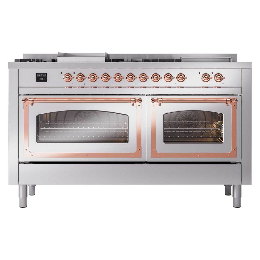 ILVE UN60FSNMPSSP Nostalgie II Noblesse 60 inch Dual Fuel Range (7 Sealed Burners + Griddle + French Top, Natural Gas, Triple Glass Door, Stainless Steel, Copper)