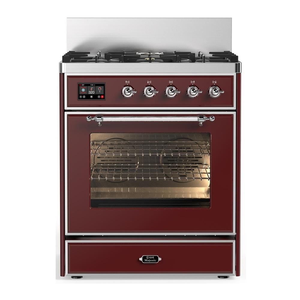 ILVE UM30NR3BUC Majestic III 30 inch Dual Fuel Range with 5 Black Brass Burners, Dual Function Burner up to 25,000 BTU (Natural Gas, Triple Glass Door, Burgundy, Chrome)