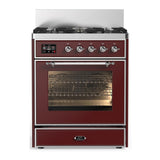 ILVE UM30NR3BUC Majestic III 30 inch Dual Fuel Range with 5 Black Brass Burners, Dual Function Burner up to 25,000 BTU (Natural Gas, Triple Glass Door, Burgundy, Chrome)