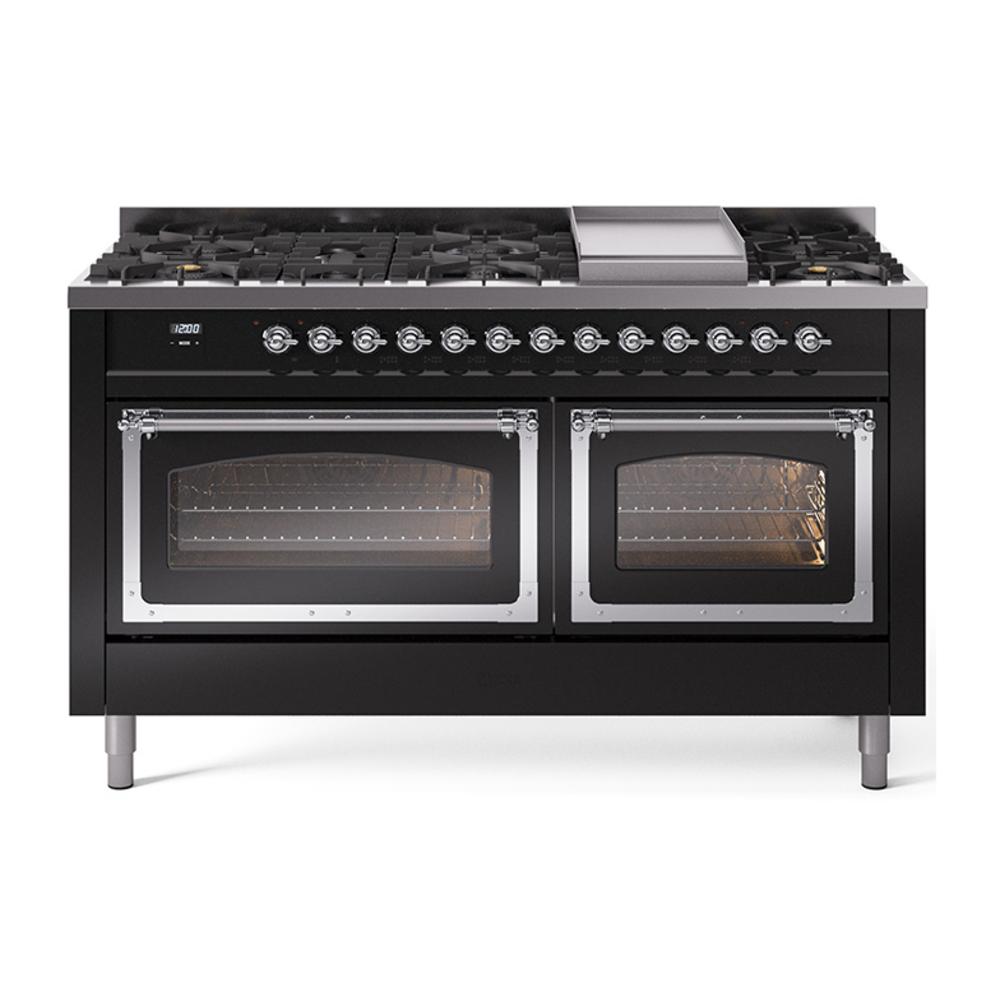 ILVE UN60FNMPBKCLP Nostalgie II Noblesse 60 inch Dual Fuel Range (9 Sealed Burners + Griddle, Liquid Propane, Triple Glass Door, Glossy Black, Chrome)