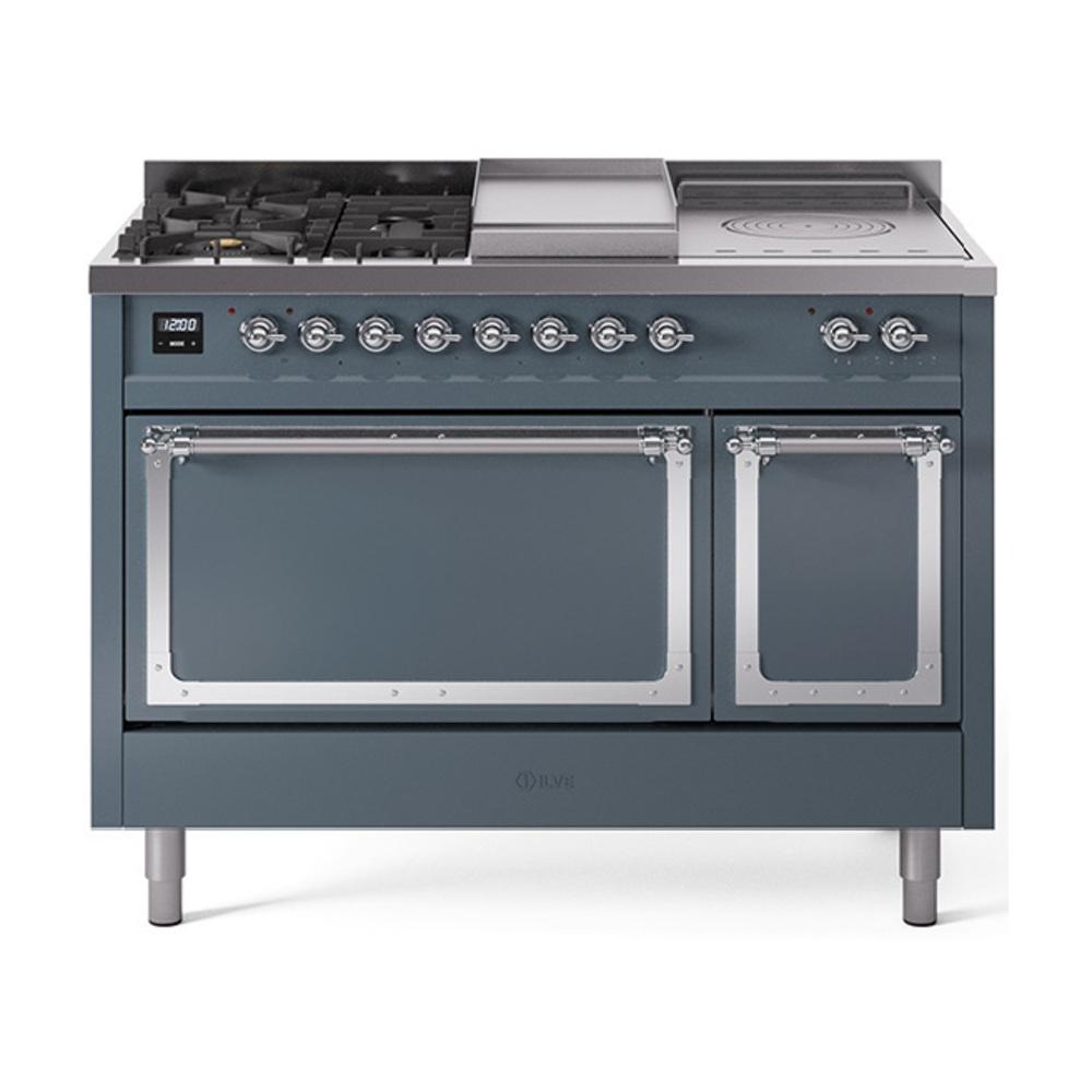ILVE UN48FSQNMPBGCLP Nostalgie II Noblesse 48 inch Dual Fuel Range (5 Sealed Burners + Griddle + French Top, Liquid Propane, Solid Door, Blue Grey, Chrome)