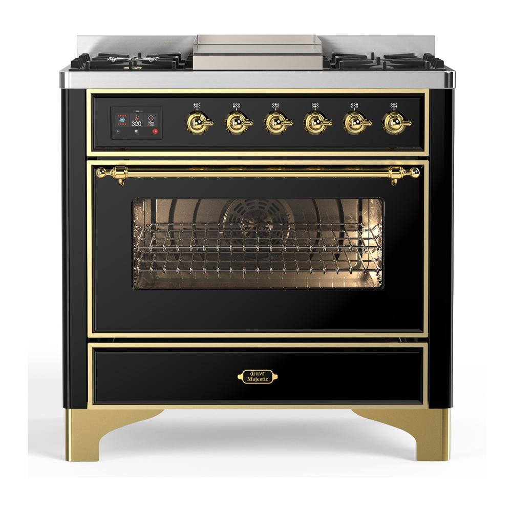 ILVE UM36FNR3BKG Majestic III 36 inch Dual Fuel Range with 6 Black Brass Burners and Griddle, Dual Function Burner up to 25,000 BTU (Triple Glass Door, Glossy Black, Brass, Natural Gas)