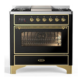 ILVE UM36FNR3BKG Majestic III 36 inch Dual Fuel Range with 6 Black Brass Burners and Griddle, Dual Function Burner up to 25,000 BTU (Triple Glass Door, Glossy Black, Brass, Natural Gas)