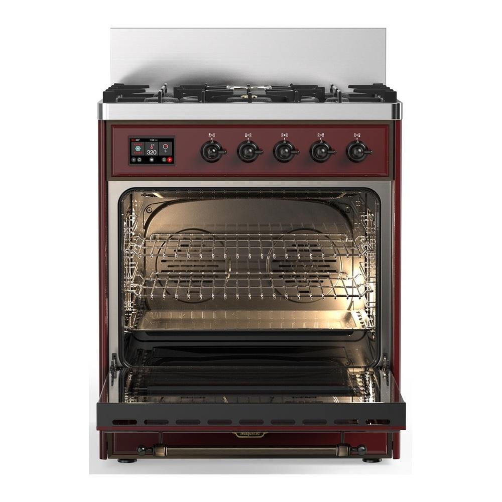 ILVE UM30QNR3BUB Majestic III 30 inch Dual Fuel Range with 5 Black Brass Burners, Dual Function Burner up to 25,000 BTU (Natural Gas, Solid Door, Burgundy, Burnished)