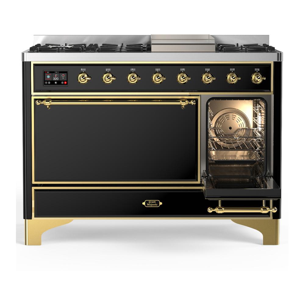 ILVE UM48FQNR3BKGLP Majestic III 48 inch Dual Fuel Range with 8 Burners and Griddle, Dual Function Burner up to 25,000 BTU (Liquid Propane, Solid Door, Glossy Black, Brass)