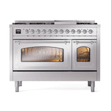 ILVE UN48FNMPSSC Nostalgie II Noblesse 48 inch Dual Fuel Range (8 Sealed Burners + Griddle, Natural Gas, Triple Glass Door, Stainless Steel, Chrome)