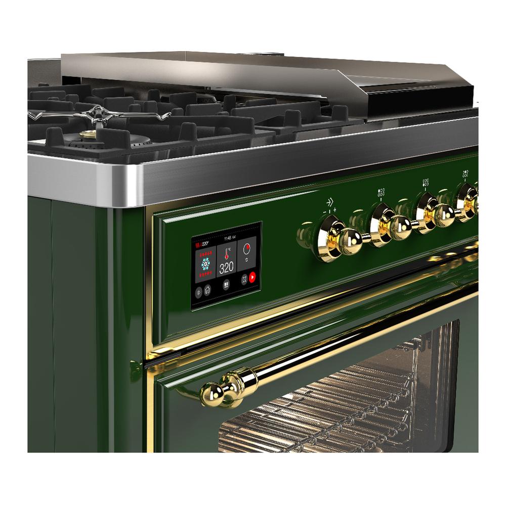 ILVE UM48FSNR3EGGLP Majestic III 48 inch Dual Fuel Range with 5 Black Brass Burners, Griddle and French Top, Dual Function Burner up to 25,000 BTU (Liquid Propane, Triple Glass Door, Emerald Green, Brass)