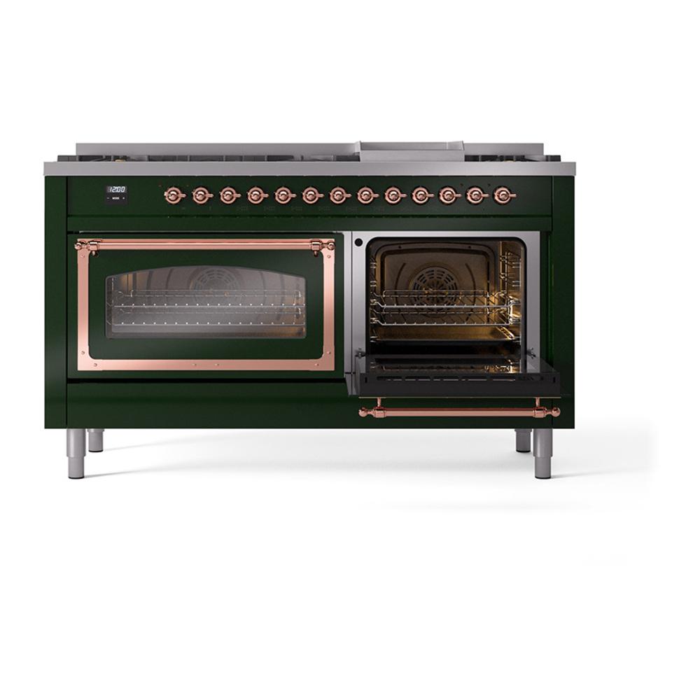 ILVE UN60FNMPEGPLP Nostalgie II Noblesse 60 inch Dual Fuel Range (9 Sealed Burners + Griddle, Liquid Propane, Triple Glass Door, Emerald Green, Copper)