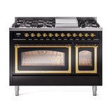 ILVE UN48FNMPBKG Nostalgie II Noblesse 48 inch Dual Fuel Range (8 Sealed Burners + Griddle, Natural Gas, Triple Glass Door, Glossy Black, Brass)