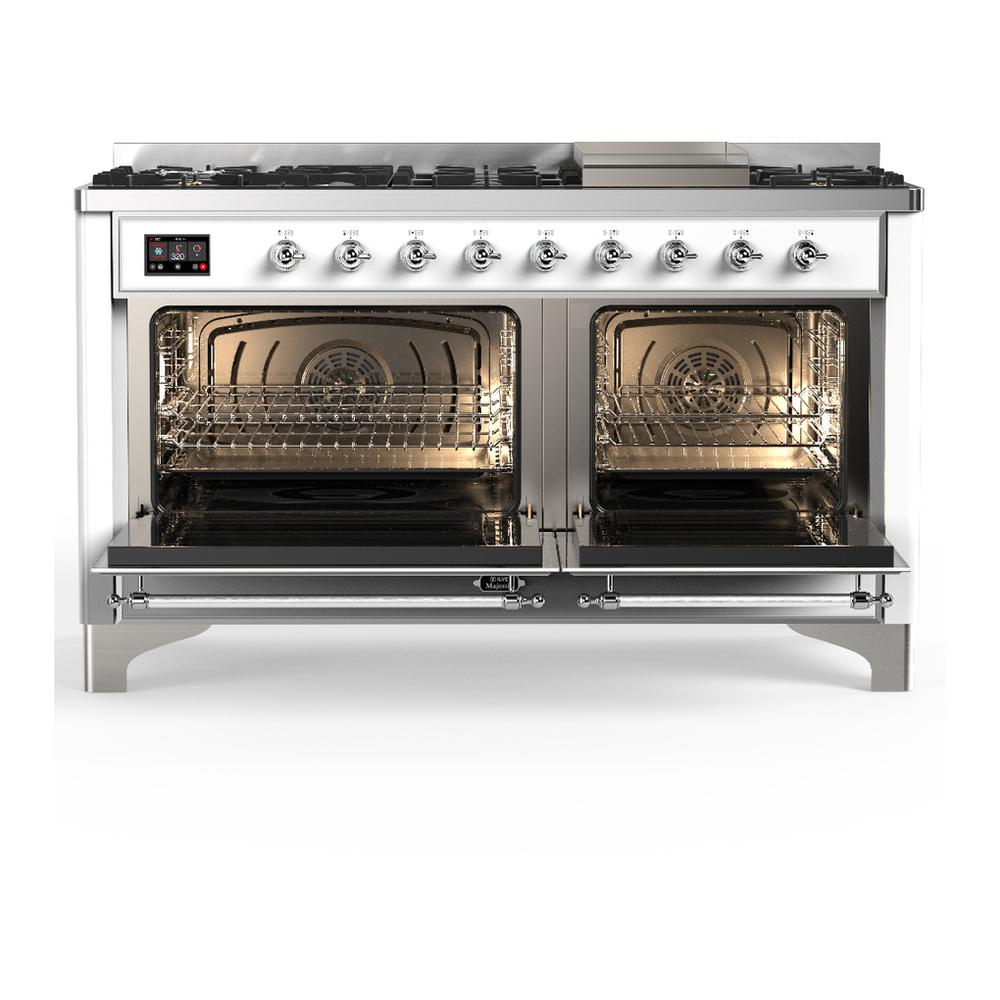 ILVE UM60FQNR3WHCLP Majestic III 60 inch Dual Fuel Range with 9 Burners and Griddle, Dual Function Burner up to 25,000 BTU (Liquid Propane, Solid Door, White, Chrome)