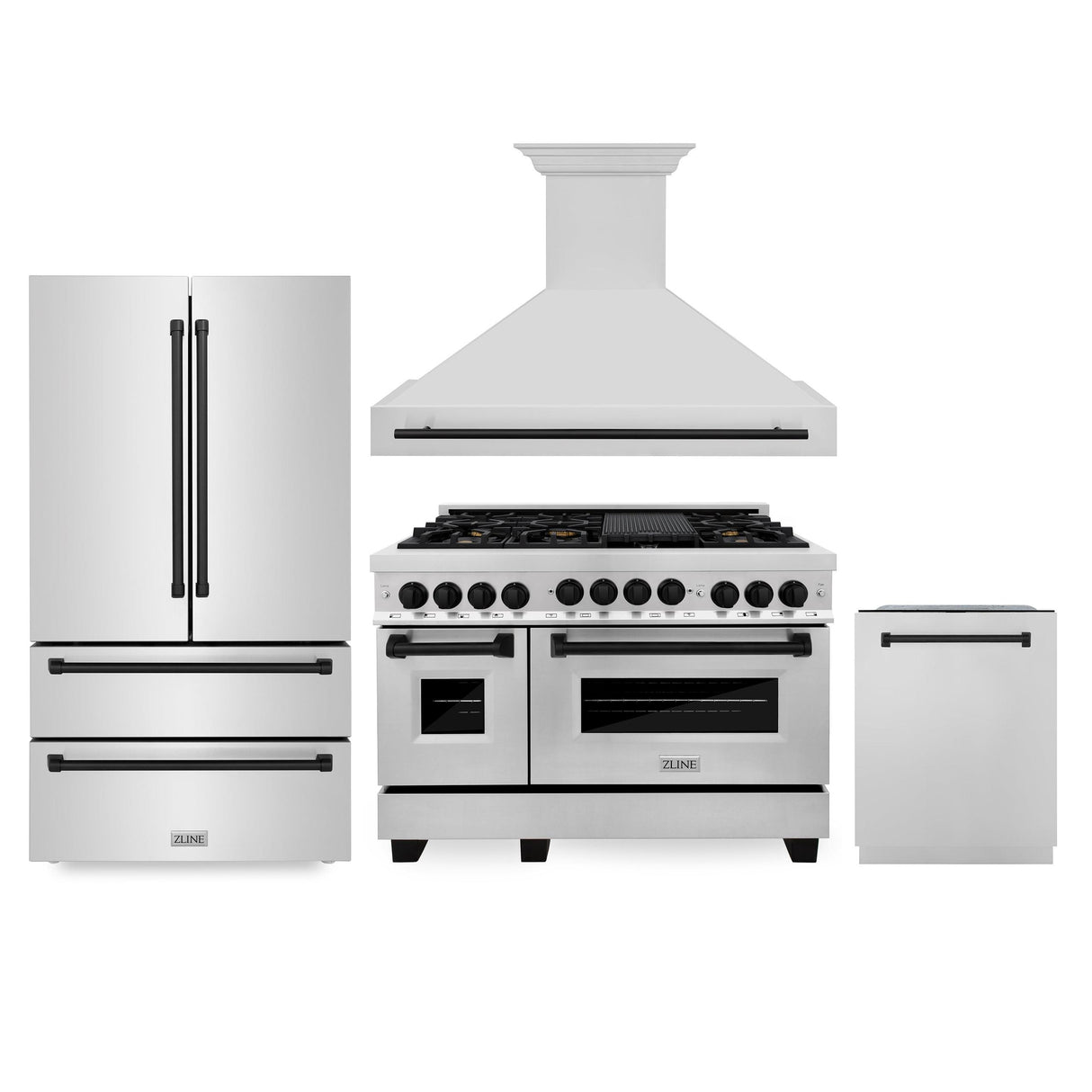 ZLINE 48" Autograph Edition Kitchen Package with Stainless Steel Gas Range, Range Hood, Dishwasher and Refrigeration with Matte Black Accents (4AKPR-RGRHDWM48-MB)